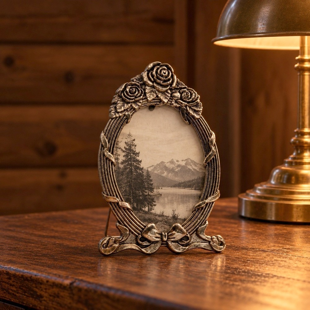 Vintage Victorian Oval Rose Metal Picture Frame Cottagecore Bow Shabby Chic 3x5